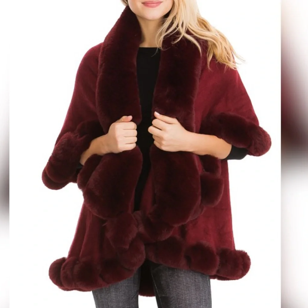 Luxury Burgundy Faux Fur Double Layer Cape Coat - Picture 3 of 13